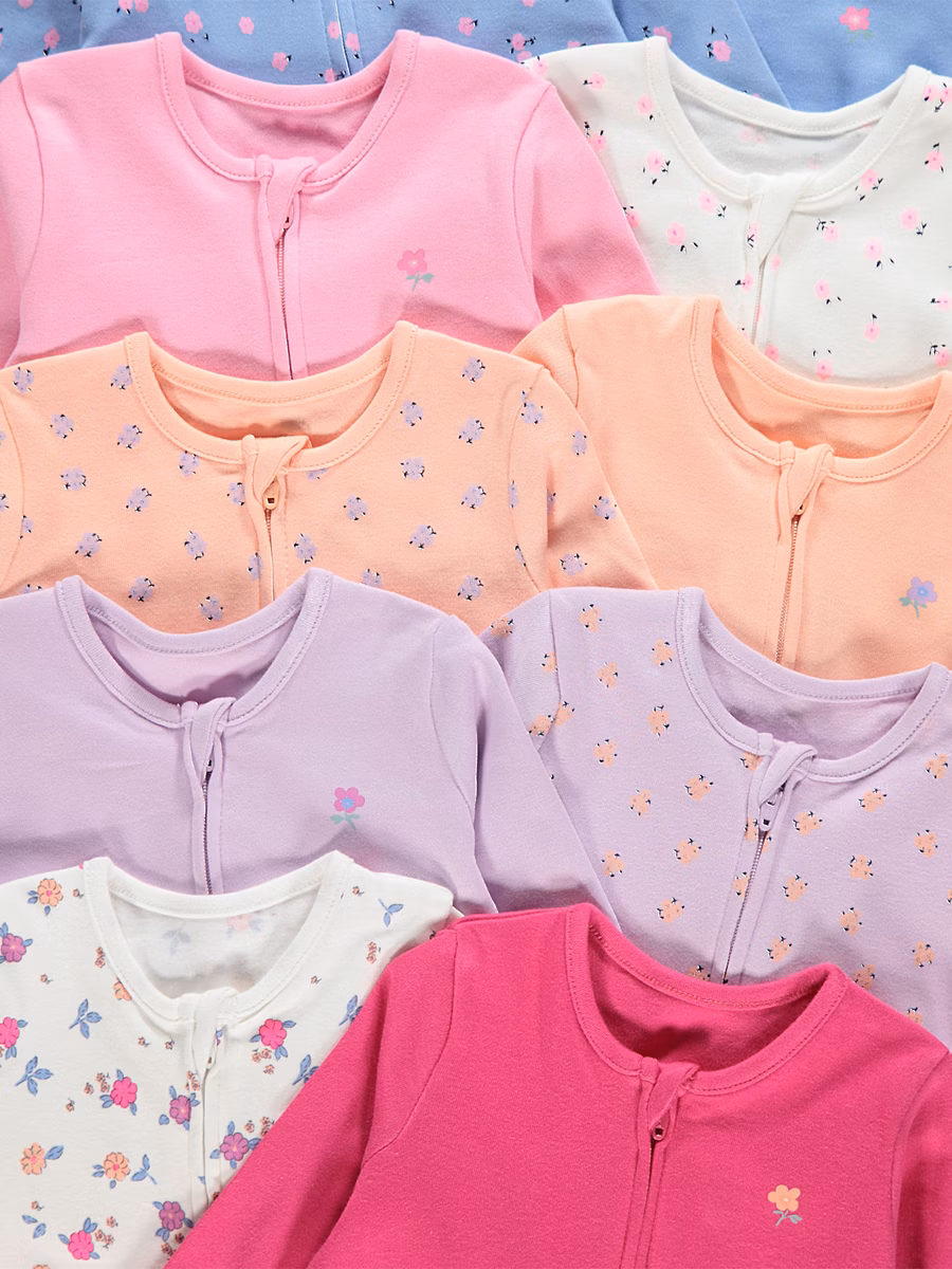Floral Print Long Sleeve Sleepsuits 10 Pack detail 1