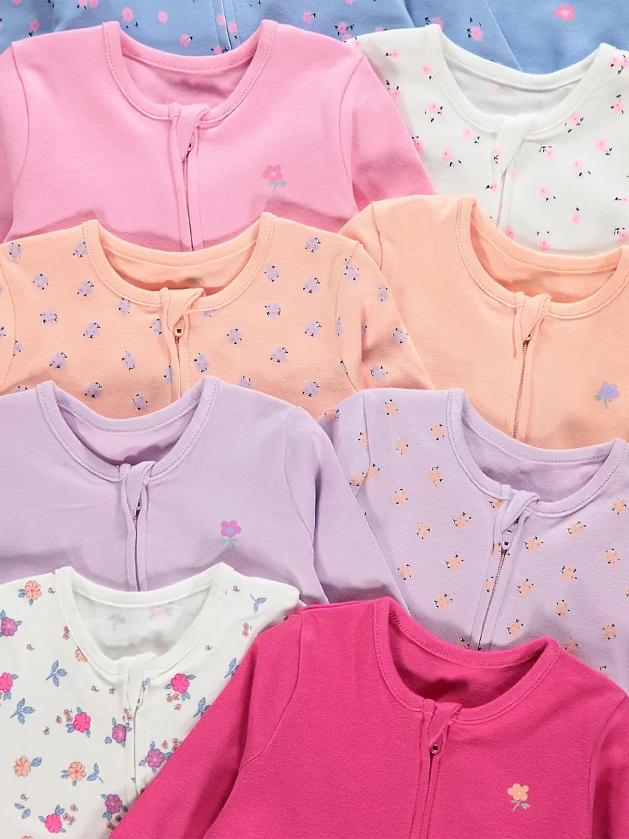 Floral Print Long Sleeve Sleepsuits 10 Pack