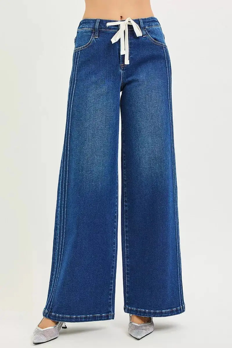Mid Rise Drawstring Pintuck Jeans