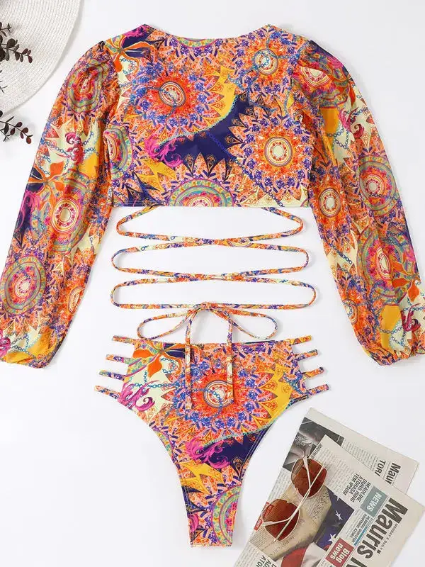Ethnic Printed Mesh Long Sleeve Bikini Swim Set