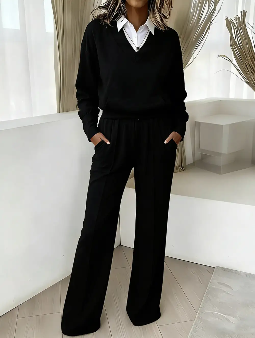 Collar Loose Top and Wide-Leg Pants Set