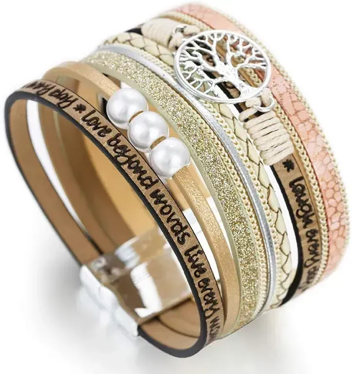 Fesciory Leather Wrap Bracelets for Women, Boho Leopard Multi-Layer Crystal Beads Cuff Bracelet Jewelry