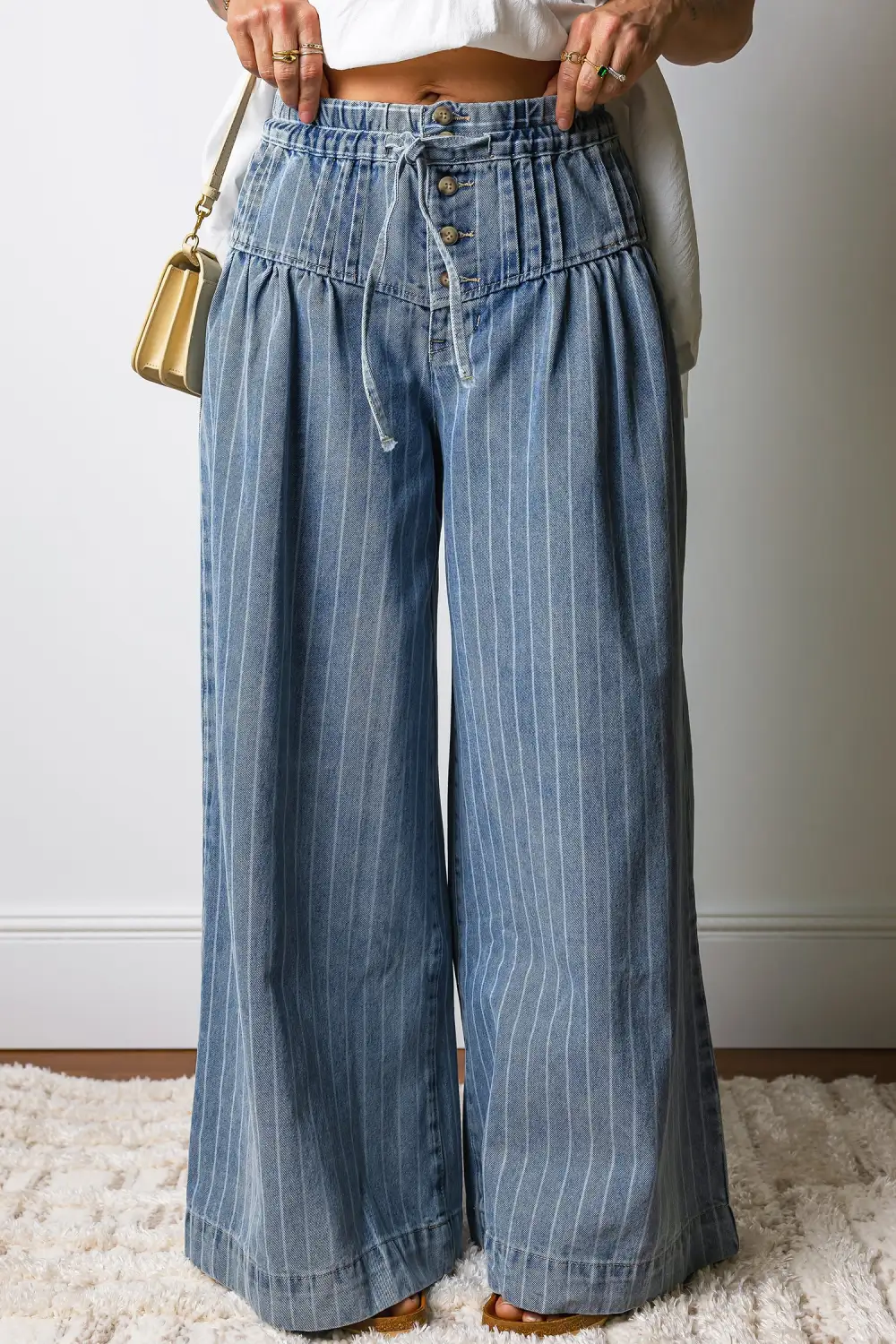 Women's Stripe Button Pleated Drawstring Waist Casual Wide Leg Jeans