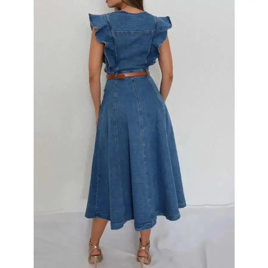 Button-front Ruffle Sleeve Denim Midi Dress