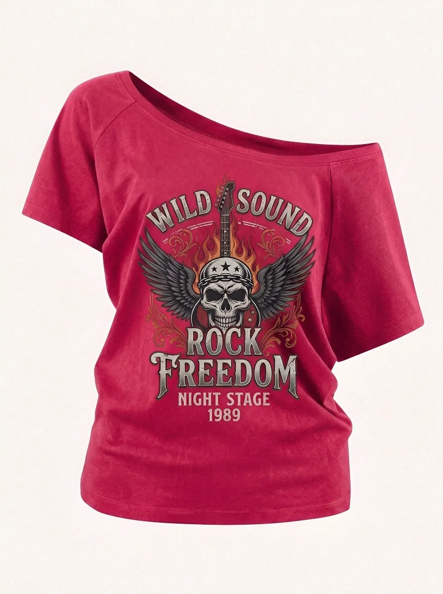 Women's Rock Music Lover Winged Skull Guitar Printed Off-Shoulder Top