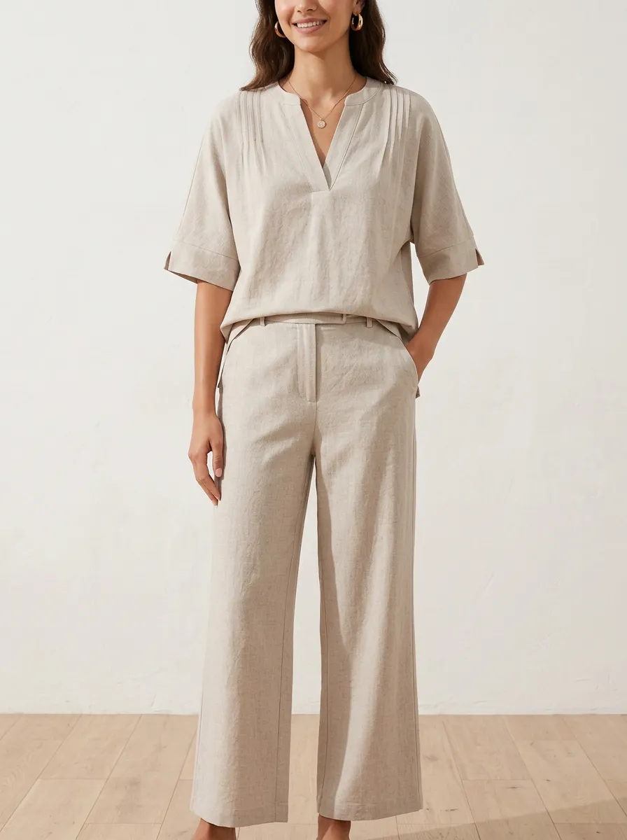 Short-Sleeve Linen-Blend Pleated Women's V-Neck Casual Lounge Set