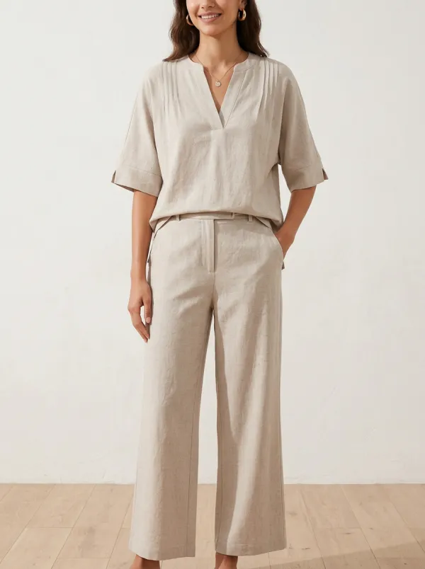 Short-Sleeve Linen-Blend Pleated Women's V-Neck Casual Lounge Set