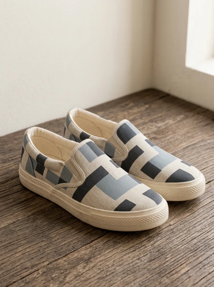 Men's Geometric Block Pattern Printed Canvas Slip-on Shoes