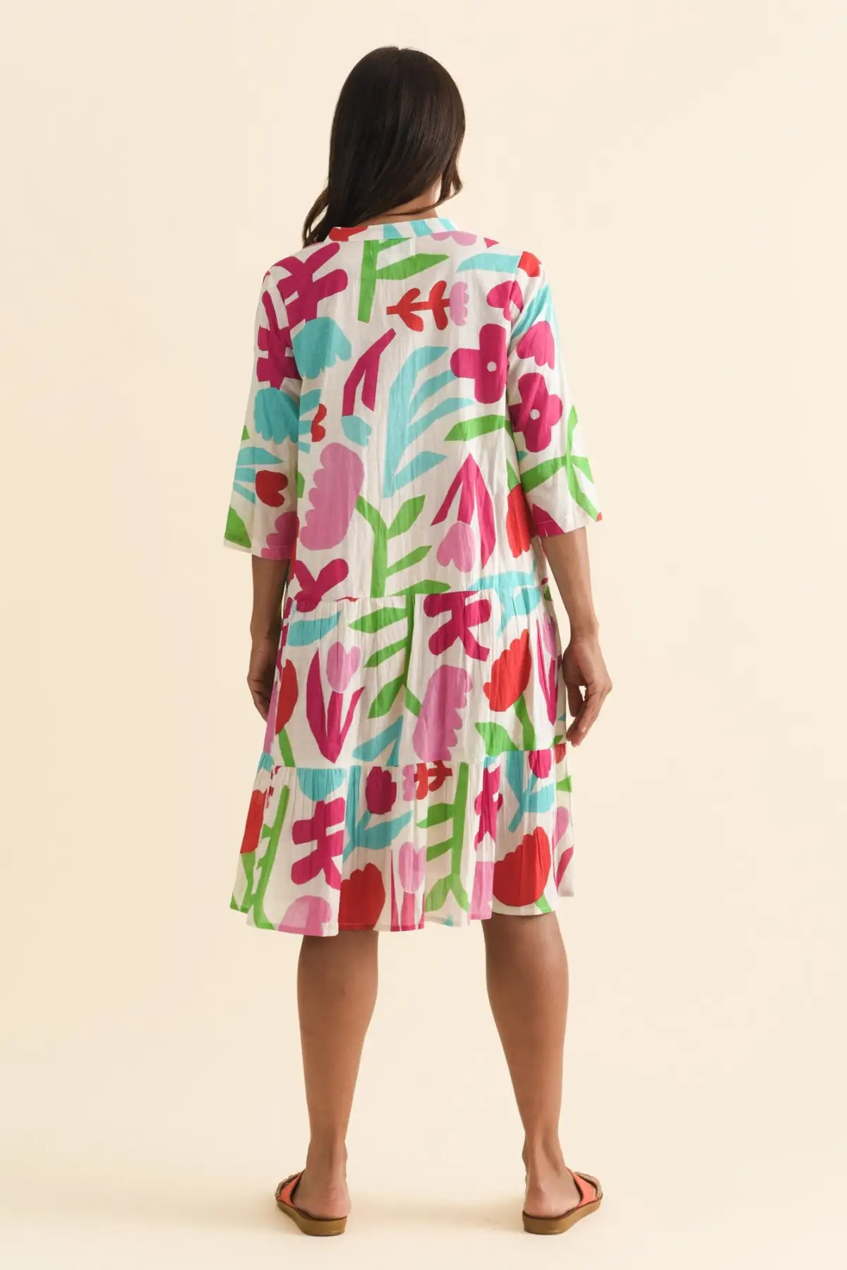 Above-Knee Floral Cotton Tiered Pleated V-Neck Half-Sleeve Dress