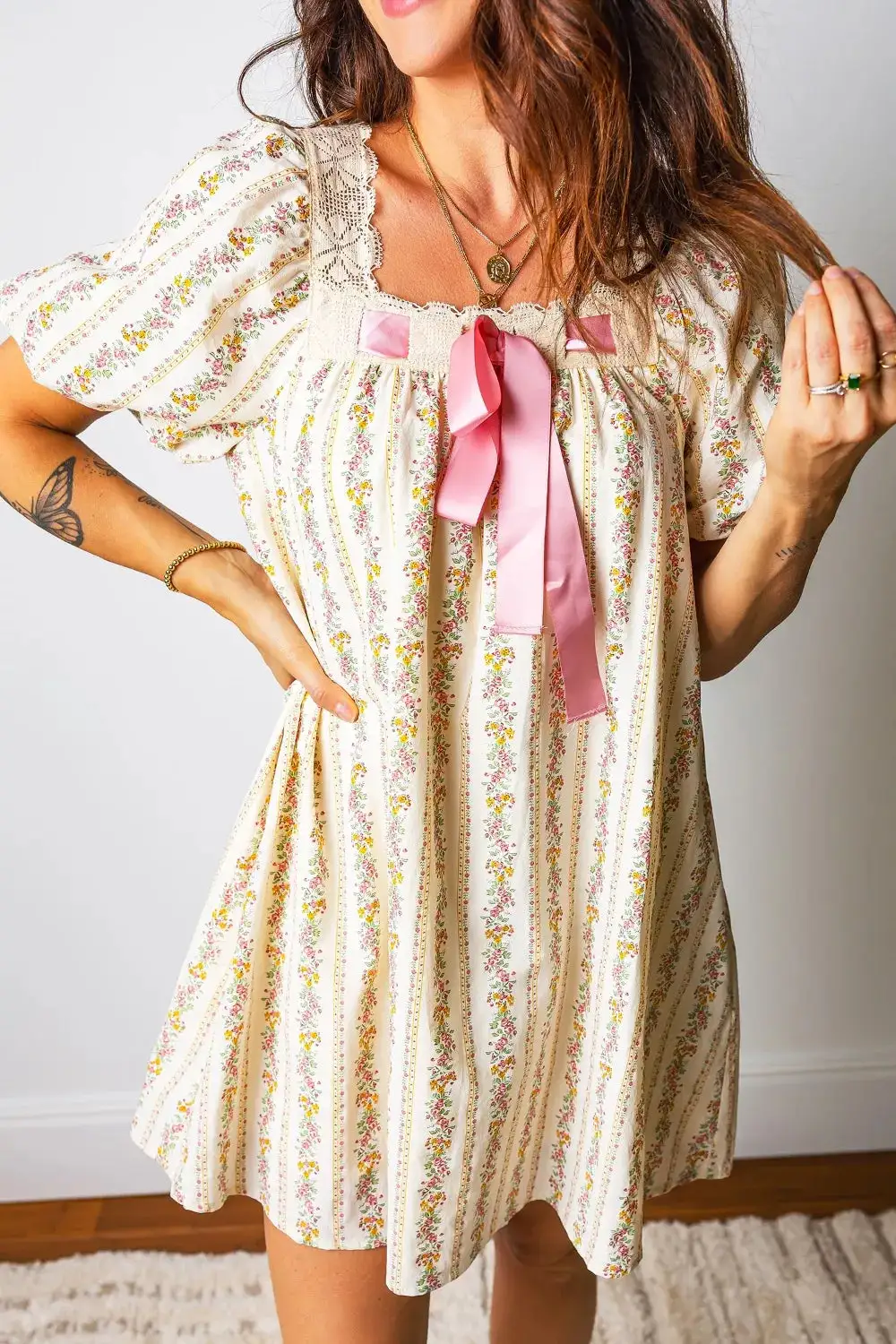 Elegant Square Neck Floral Mini Dress