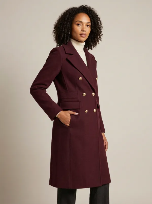 Women's Navy Blue Double-Breasted Gold Button Wool Coat