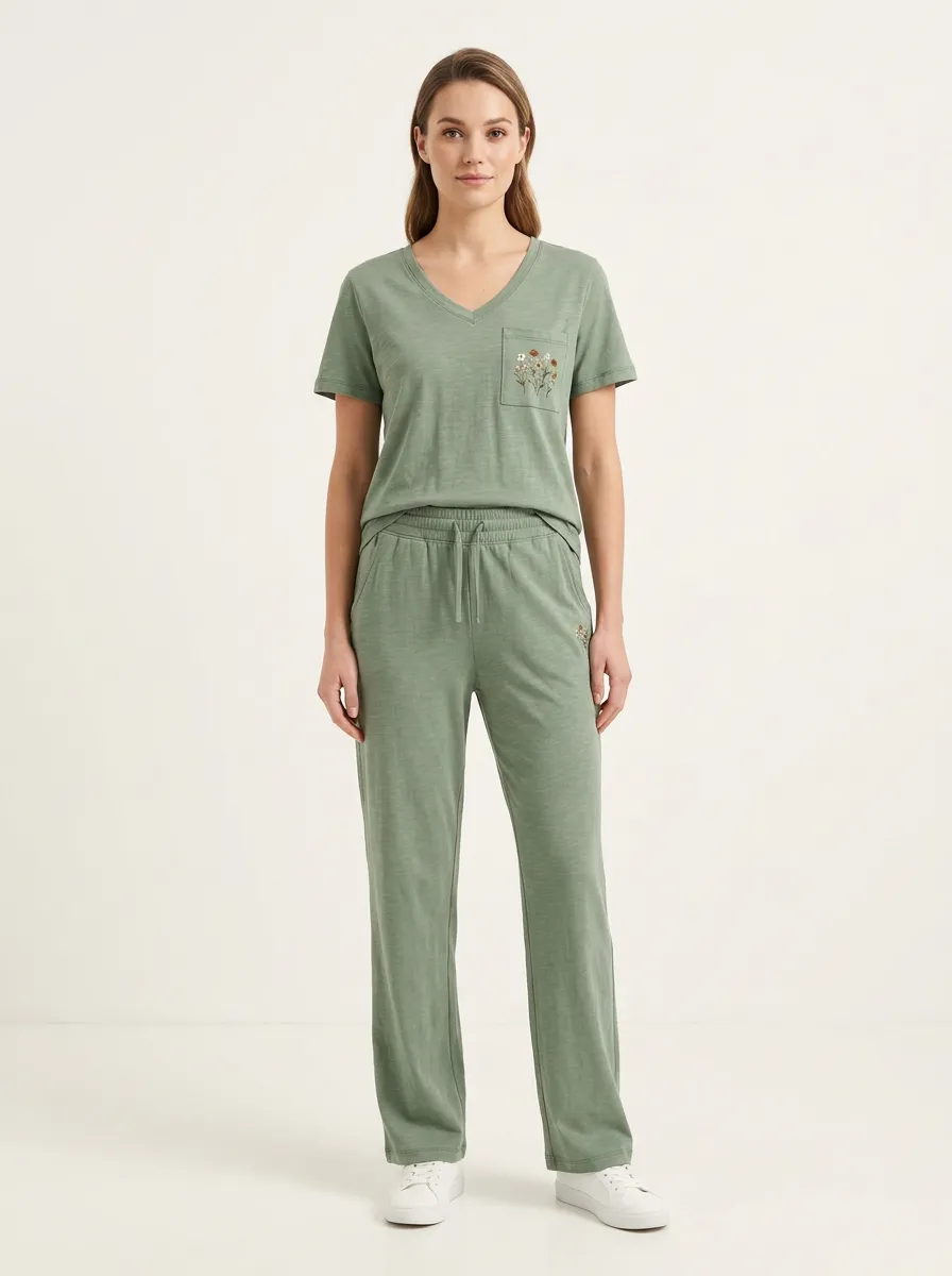 Women's Drawstring V-Neck T-Shirt and Straight-Leg Pants Set