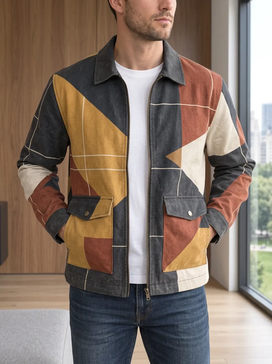 Men's Geometric Pattern Color Block Printed Jacket