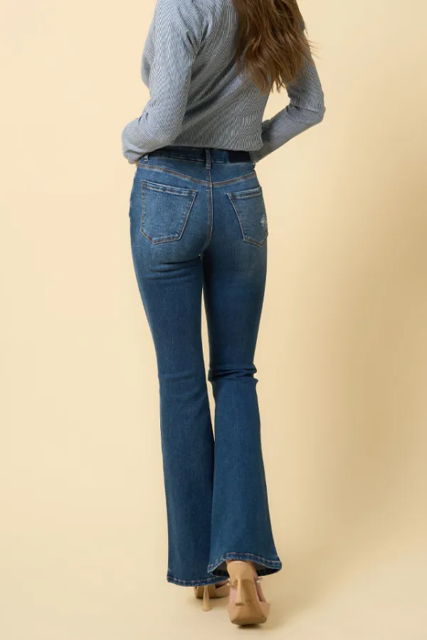 Women's High Rise Distressed Flare Comfort Stretch Denim Jeans