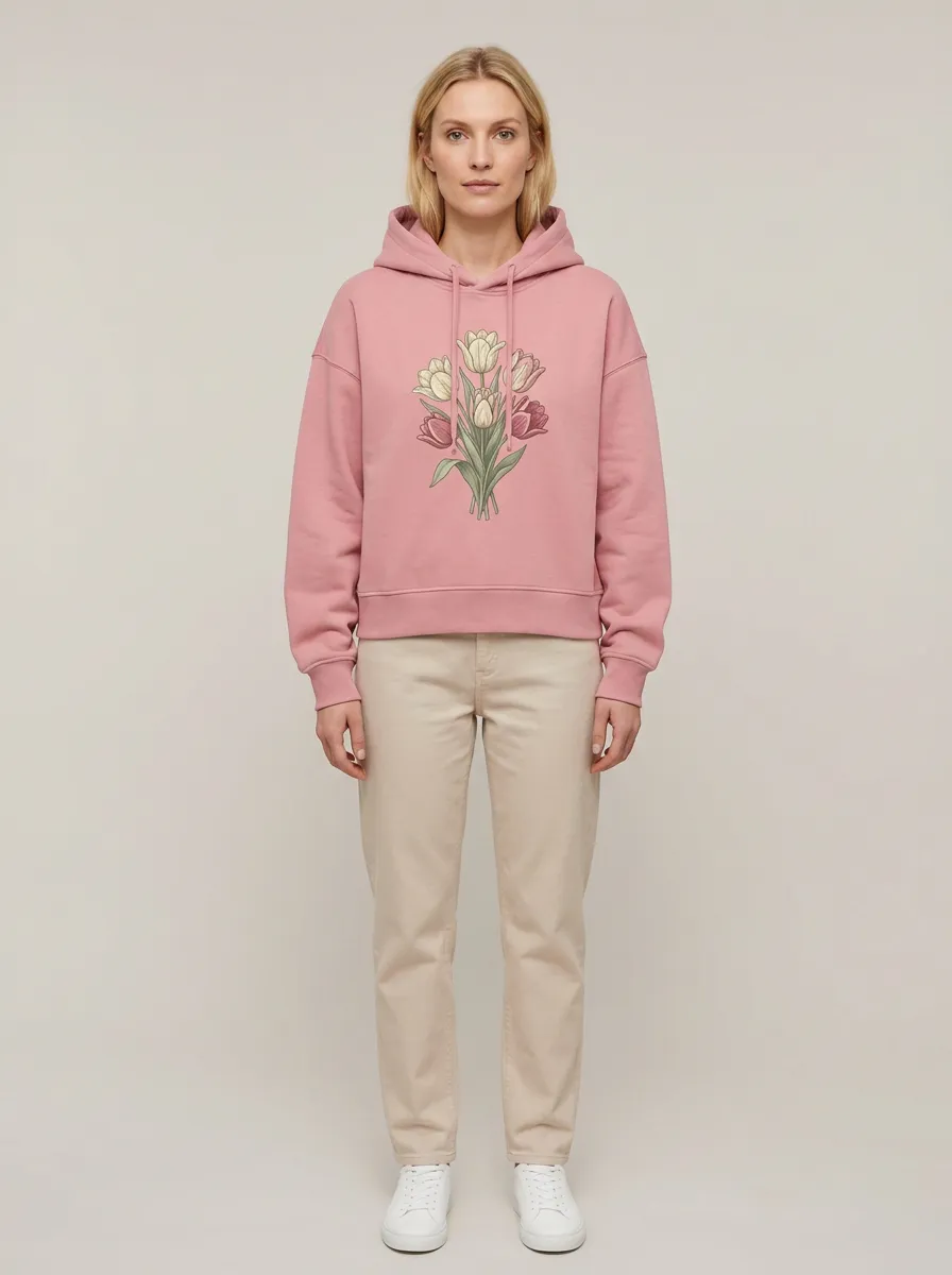Women's Hooded Drawstring Graphic-Print Floral Ribbed Hoodie