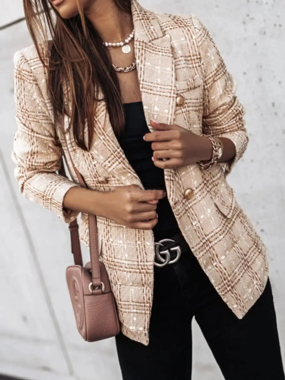 Double-Breasted Plaid Tweed Blazer