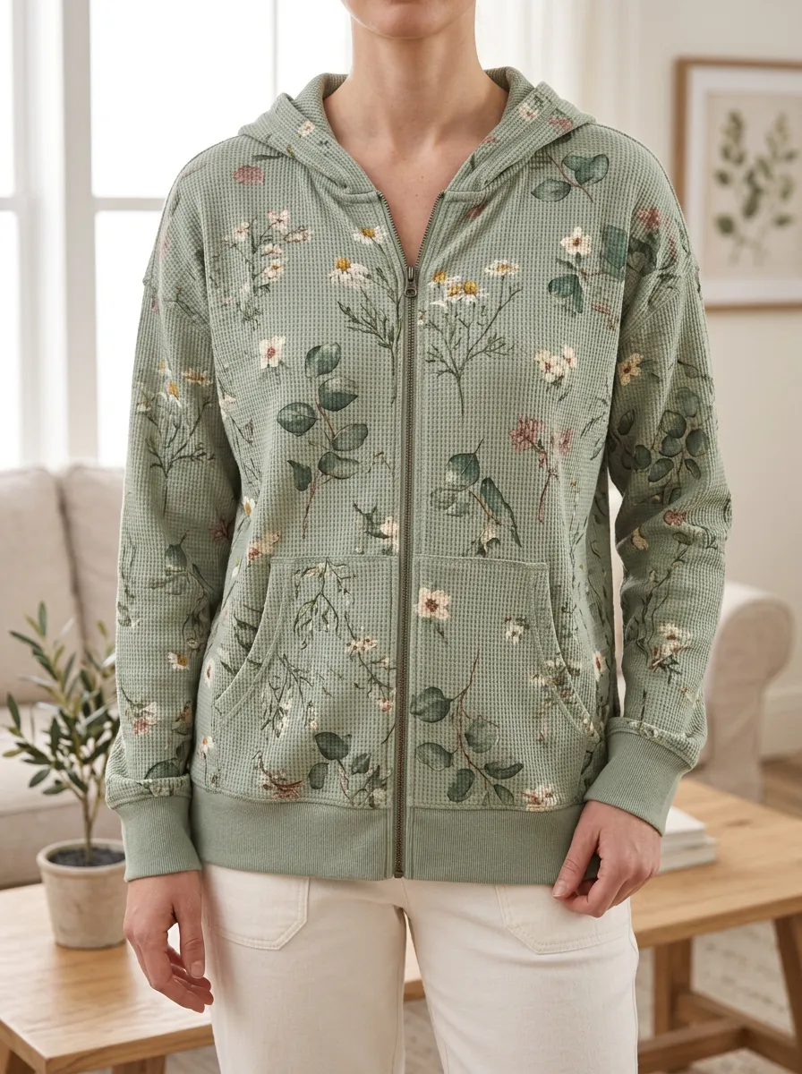 Women's Floral Eucalyptus Botanical Printed Waffle Zip Hoodie