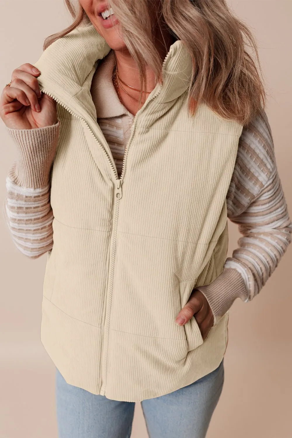Corduroy Stand Neck Zip Puffer Vest