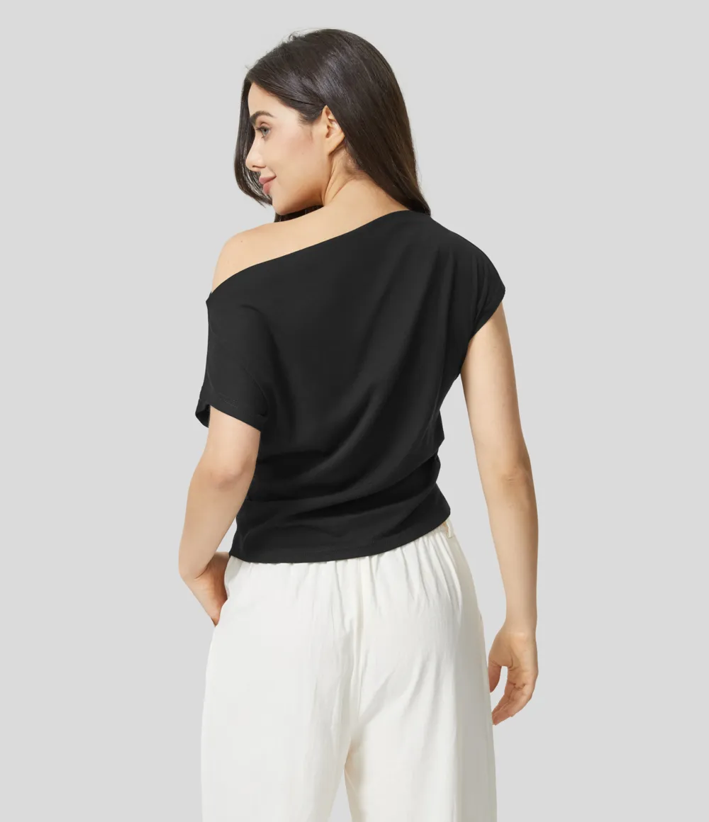 Off Shoulder Short Sleeve Ruched Casual Cotton Top