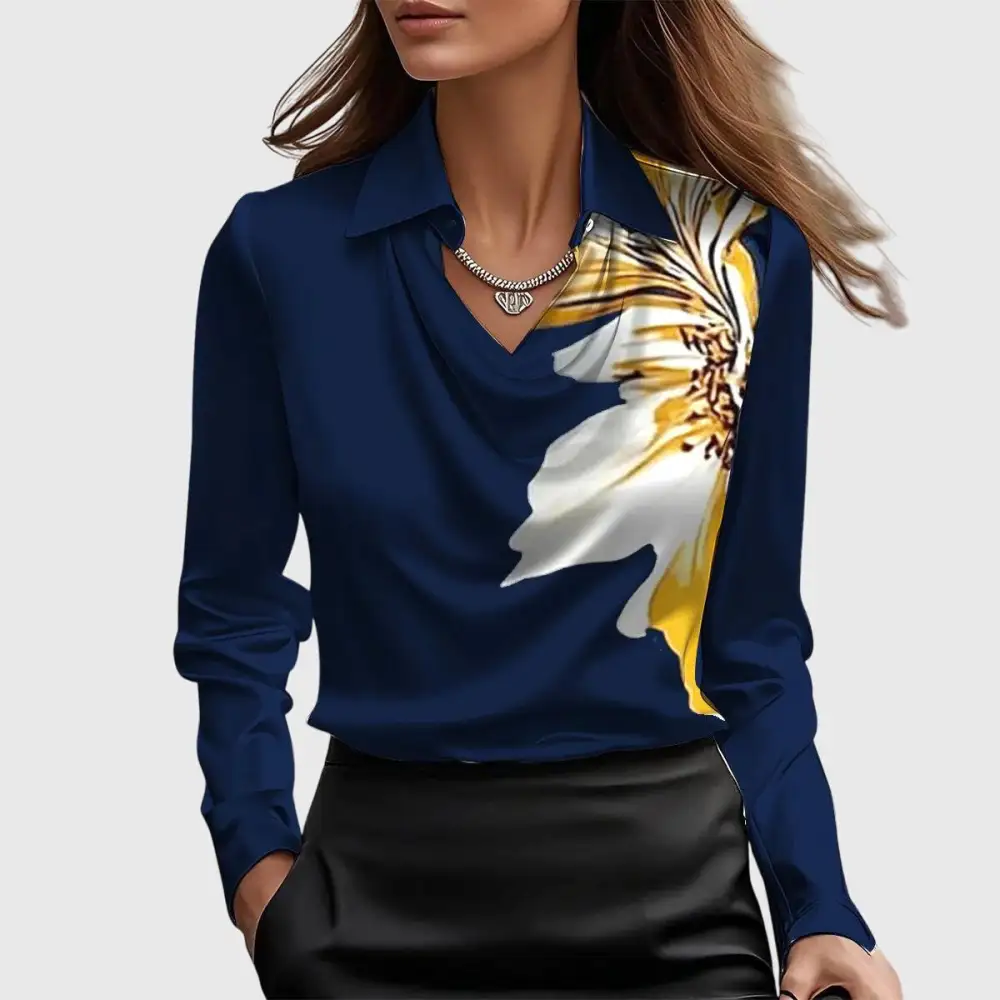 Floral Pleated Neckline Pleated Blouse