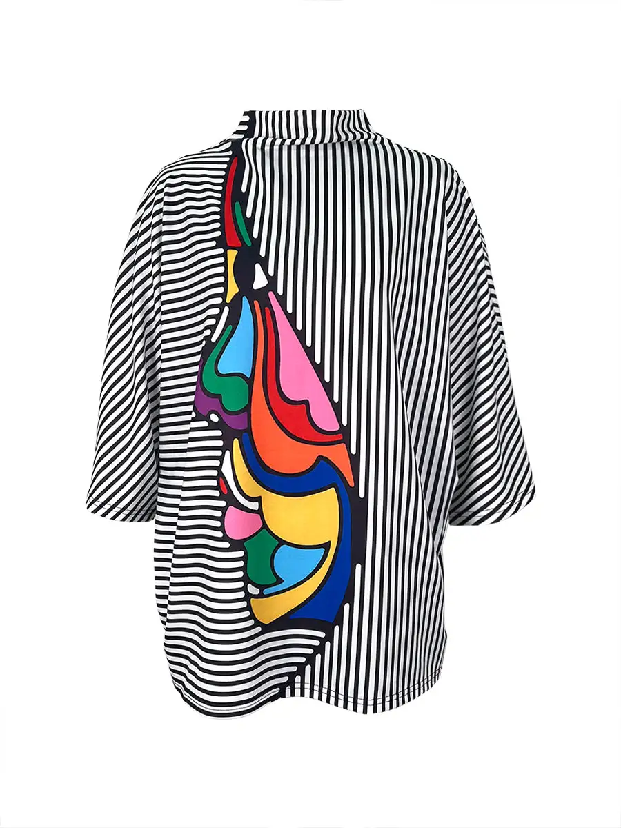 Relaxed Three Quarter Sleeves Figure Print Panel Detail Stripe Stand Collar T-Shirt