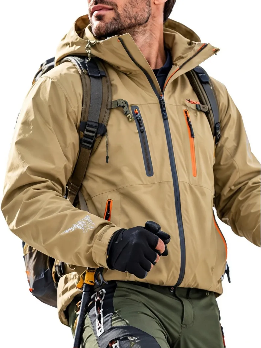 Men's waterproof jacket, suitable for cold-weather hiking, winter skiing, and outdoor softshell activities.