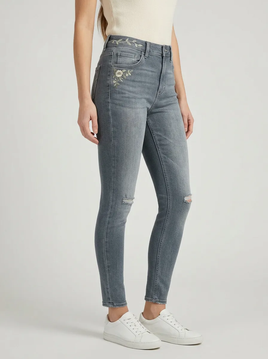 Women's Floral Embroidery Distressed Gray Slim-Fit Jeans