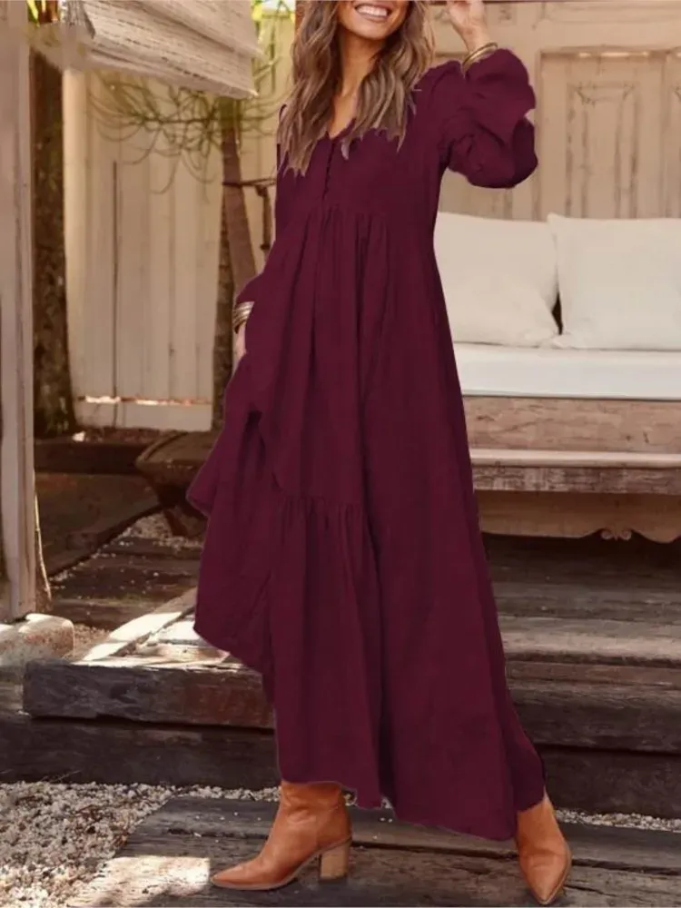 Long Sleeve Linen Blend Cotton Blend Maxi Tie Detail Dress