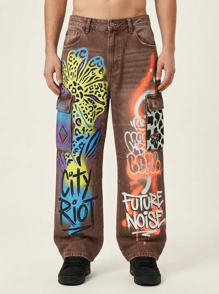 Men's Streetwear Graffiti Flower City Riot Graphic Cargo Jeans