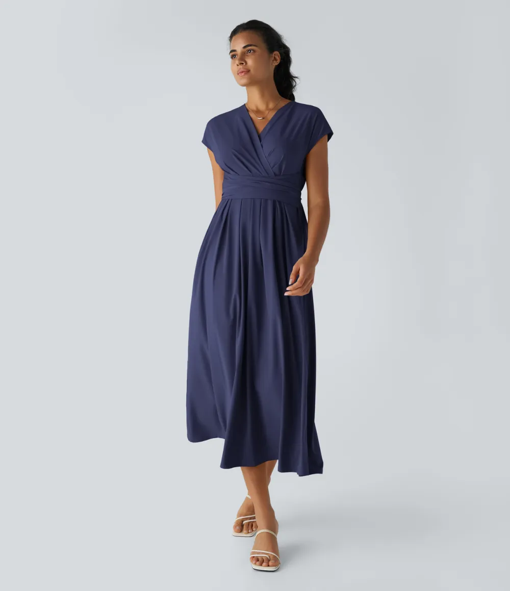 Breezeful V Neck Short Sleeve Side Pocket Tie Back Quick Dry Midi Casual Dress