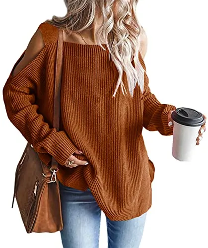Women's Cold Shoulder Oversized Sweaters Batwing Long Sleeve Square Neck Chunky Knit Fall Tunic Sweater Tops