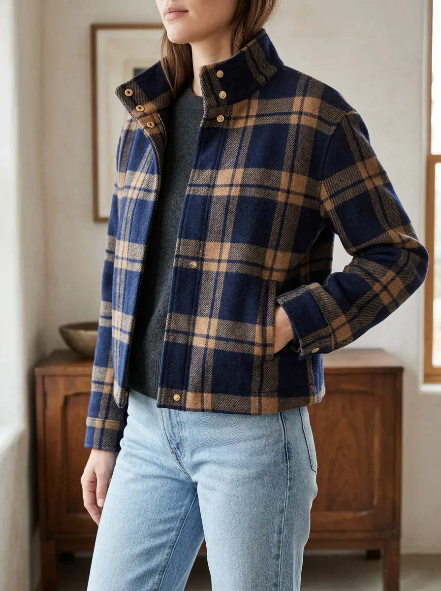 Women's Contemporary Plaid Stand Collar Cropped Jacket