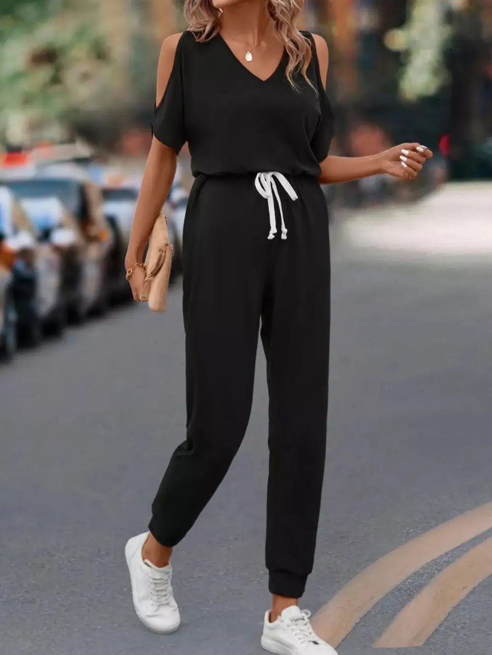 Cold Shoulder V Neck Drawstring Waist Jumpsuit