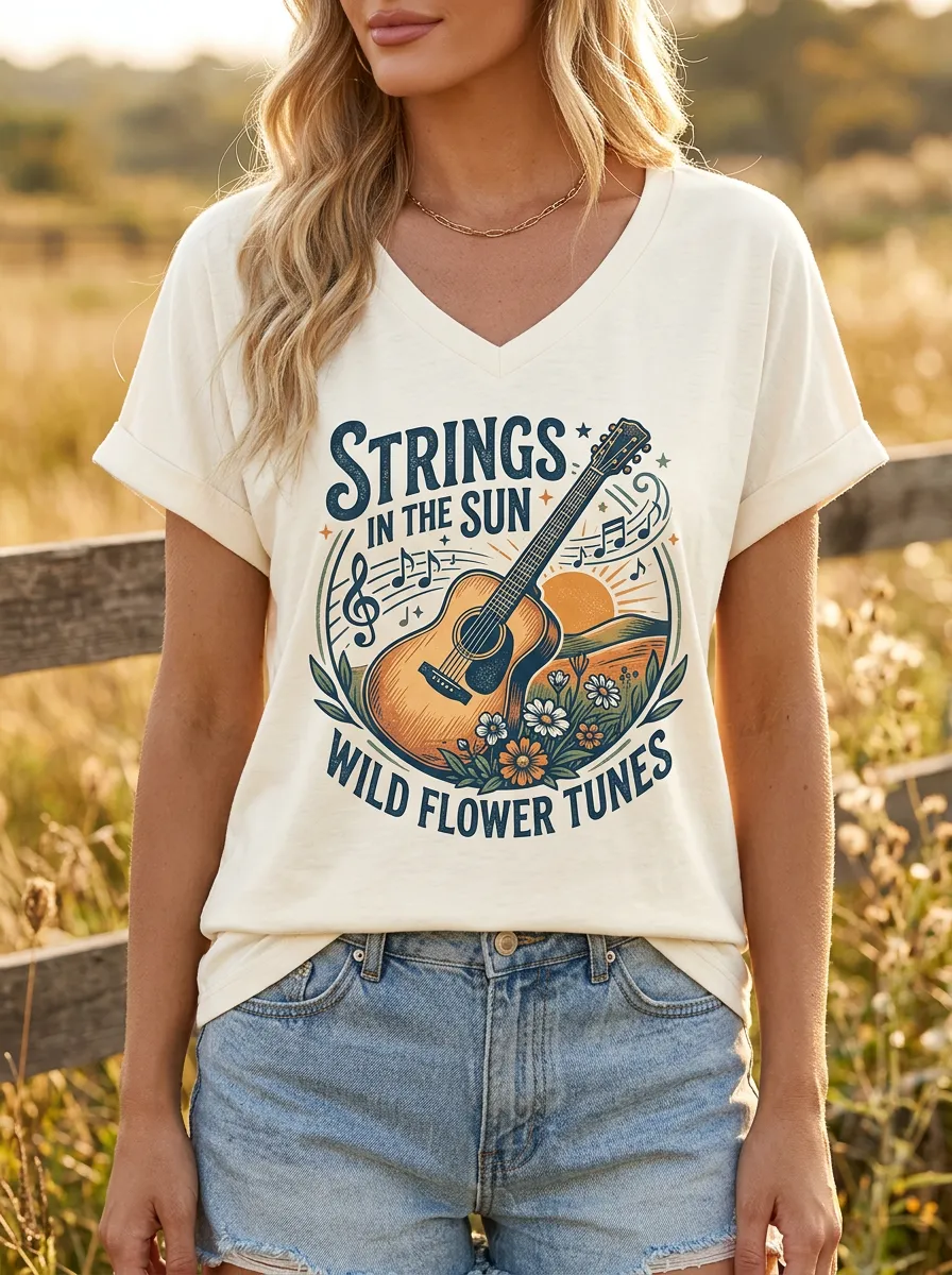 Floral Guitar Country-Music Women's V-Neck T-Shirt