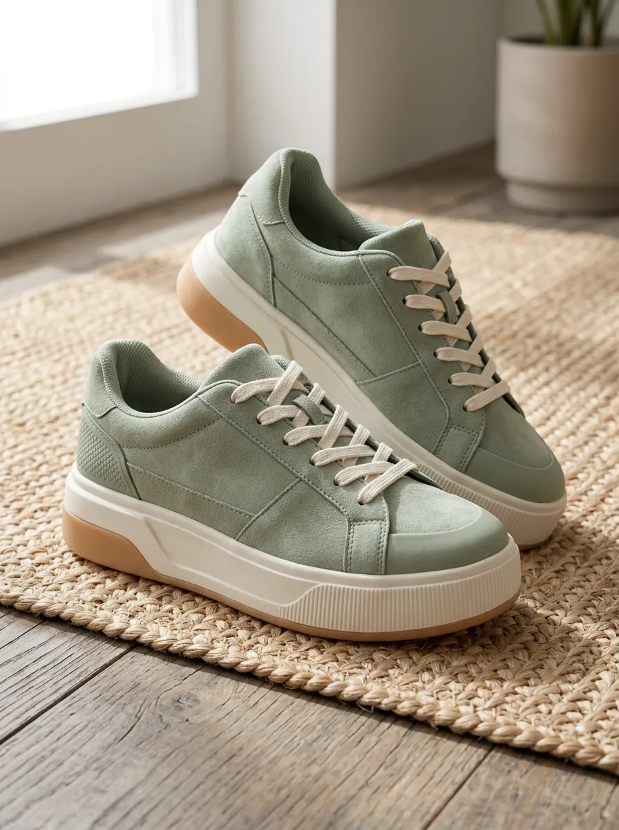 Women's Sage Green Suede Platform Printed Sneakers