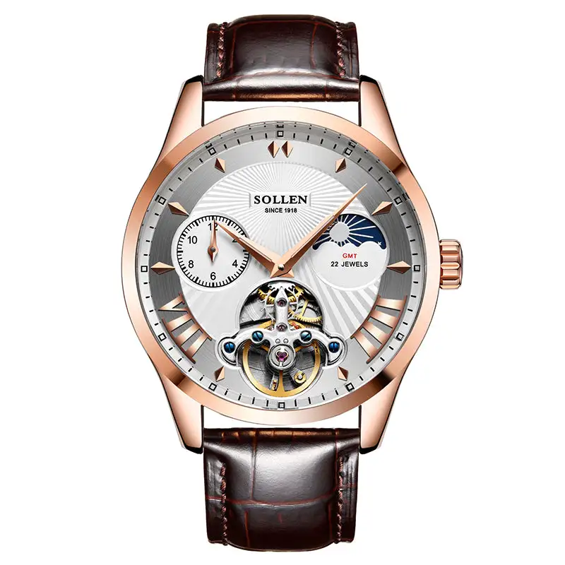Sollen SL302 Men's Open Heart Automatic Mechanical Watch - 41mm Stainless Steel Case Moon Phase Dual Time Sunburst Dial Wristwatch