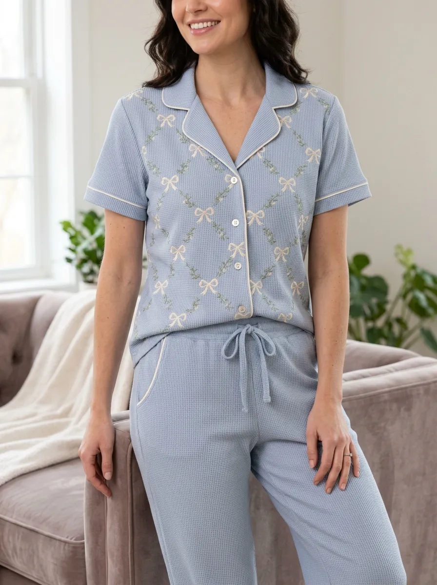 Women's Coquette Aesthetic Bow Floral Printed Waffle Pajama Set