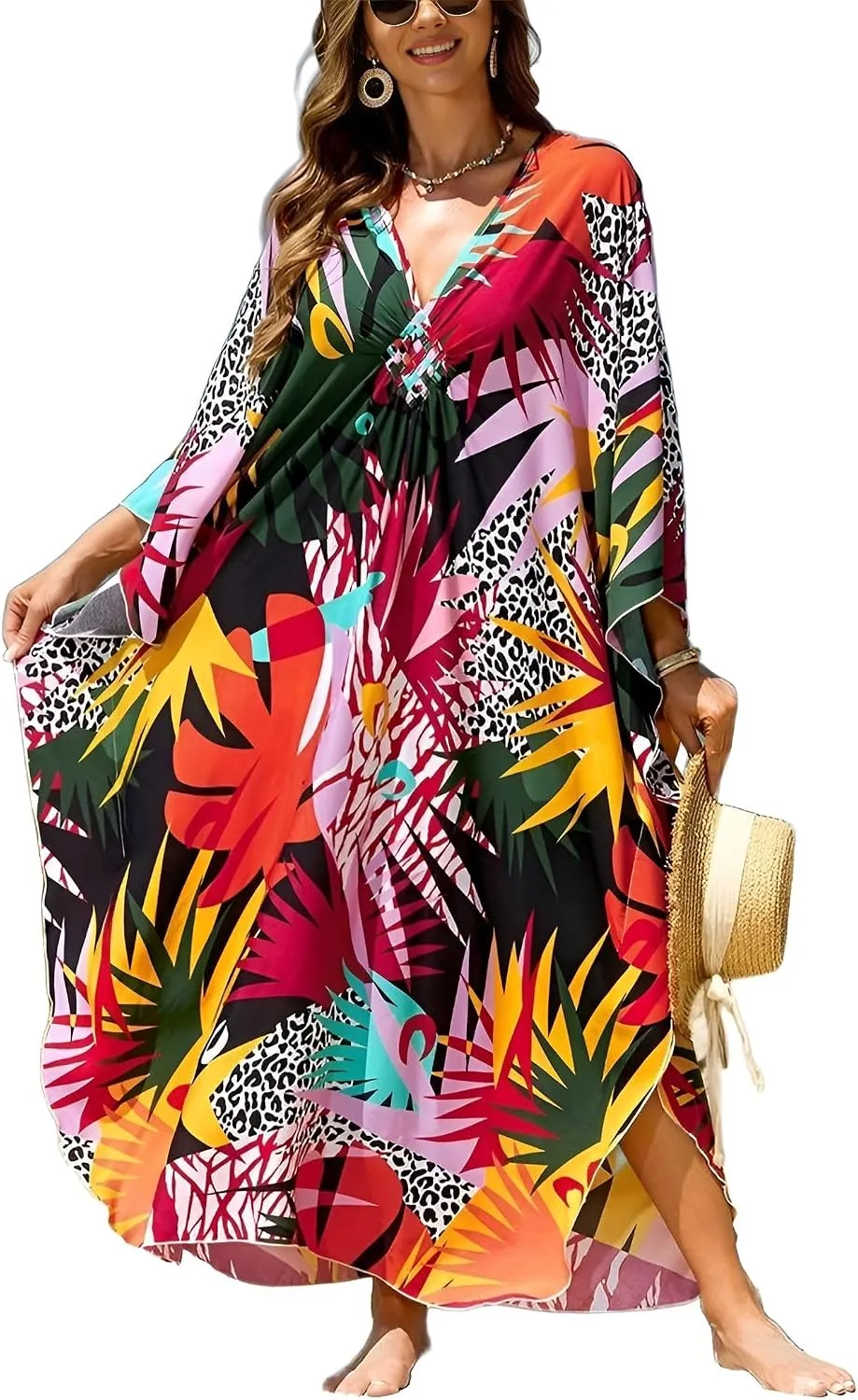IMAGEKOPE Kaftan Dresses for Women Plus Size V-Neck Moo Moos Batwing Kaftan Beach Dress Bathing Suit Cover-Up Loungewear