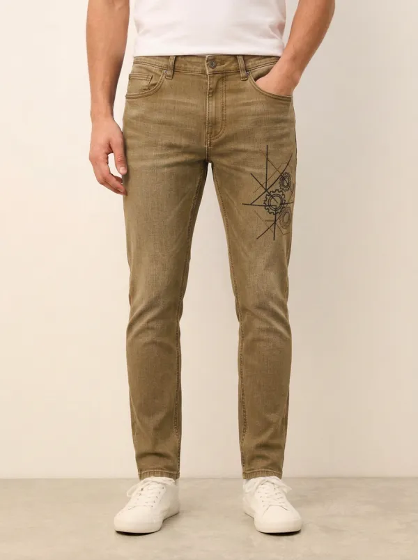 Men's Mechanical Gear Pattern Printed Stretch Jeans