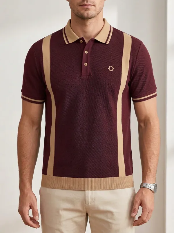 Men's Vintage Colorblock Striped Embroidered Polo Shirt