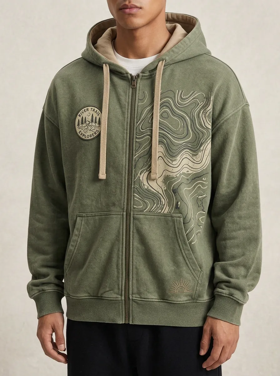 Men's River Trail Explorer Topographic Map Printed Zip Hoodie