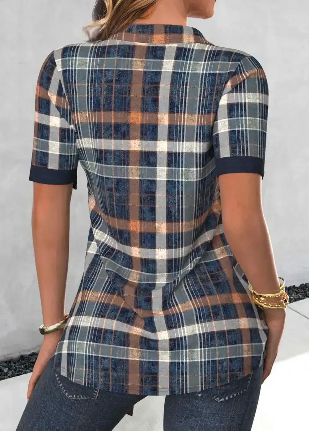 Navy Fake 2in1 Plaid Short Sleeve Shirt Collar Blouse