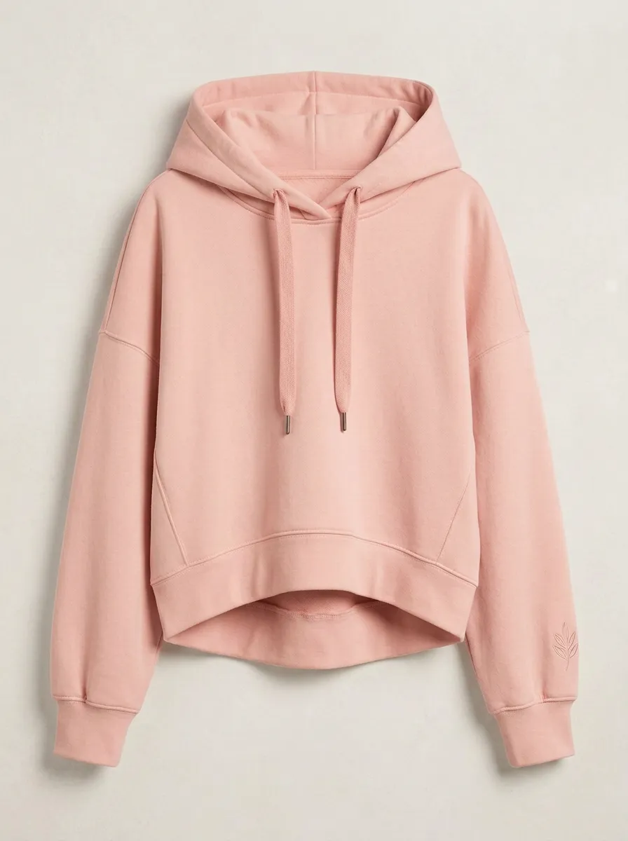 Women's Minimalist Solid Cream Leaf Embroidered Cropped Hoodie
