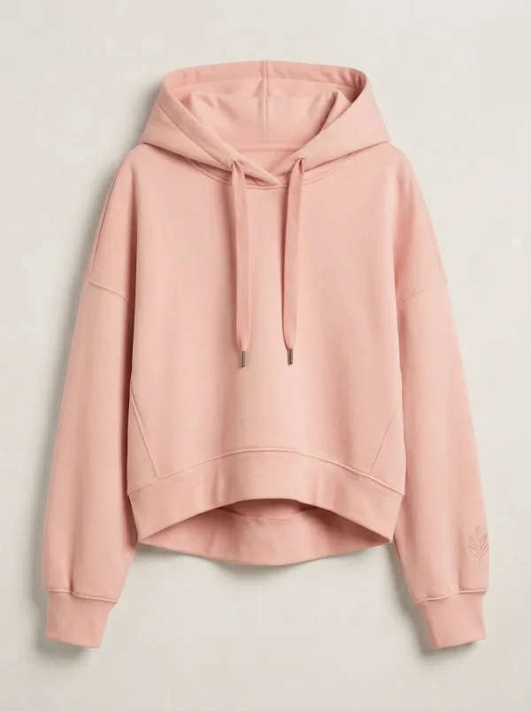 Women's Minimalist Solid Cream Leaf Embroidered Cropped Hoodie