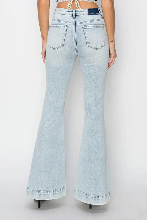 Structured High Waist Flare Leg Pocketed Denim Jeans