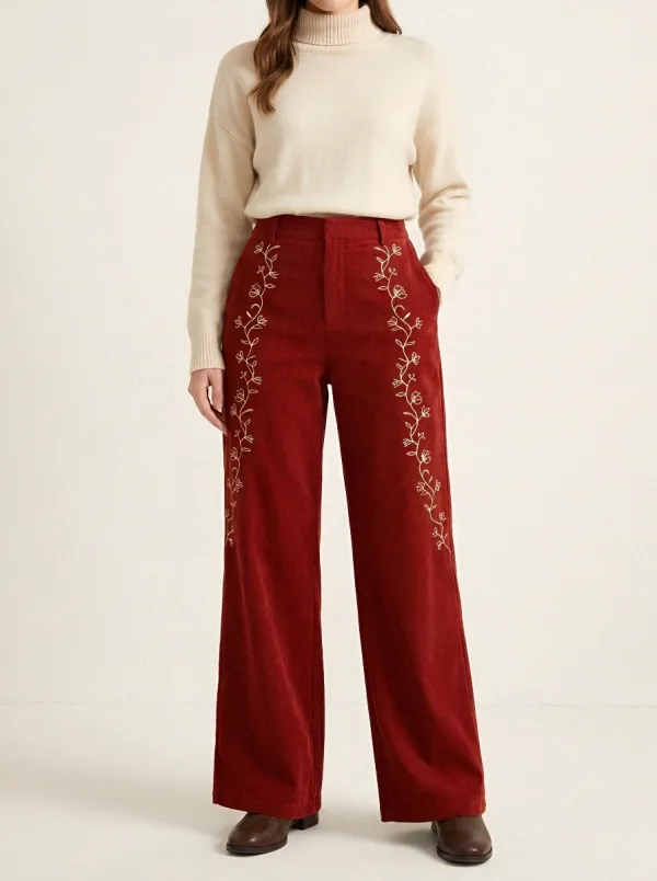 Women's Vintage Floral Embroidery Printed Corduroy Pants