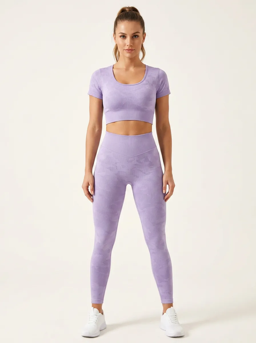 Women's Seamless Fitness Purple Camo Printed Yoga Set