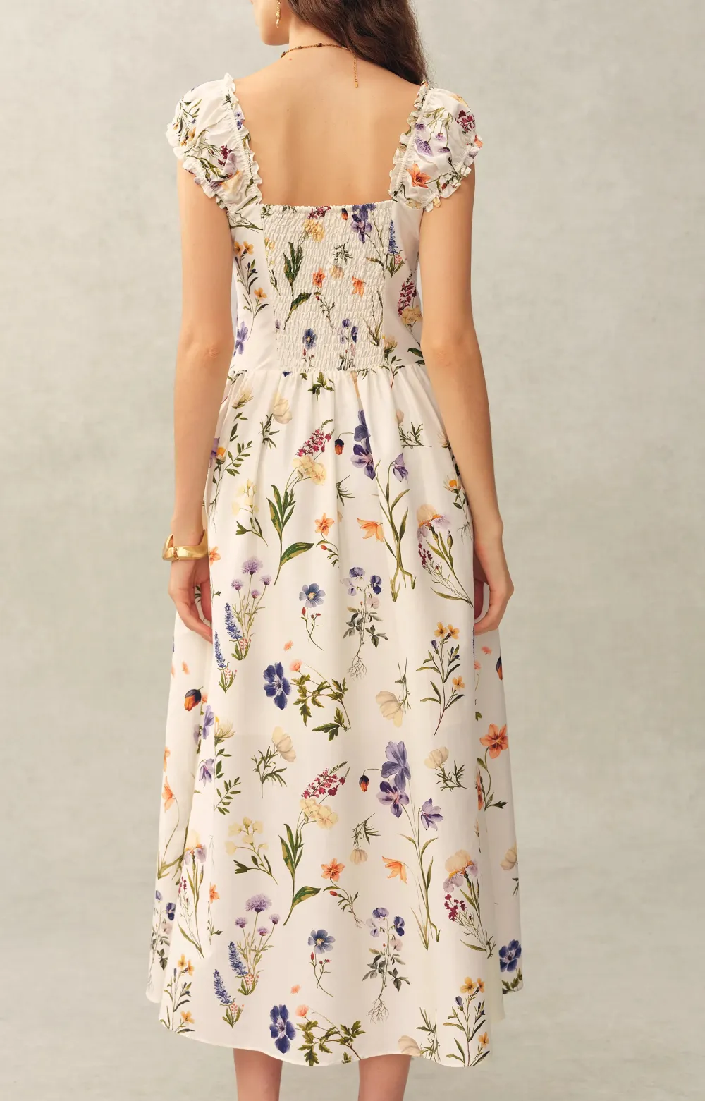 Sleeveless Ruffled Hand-Painted Silk Cotton Midi Dress