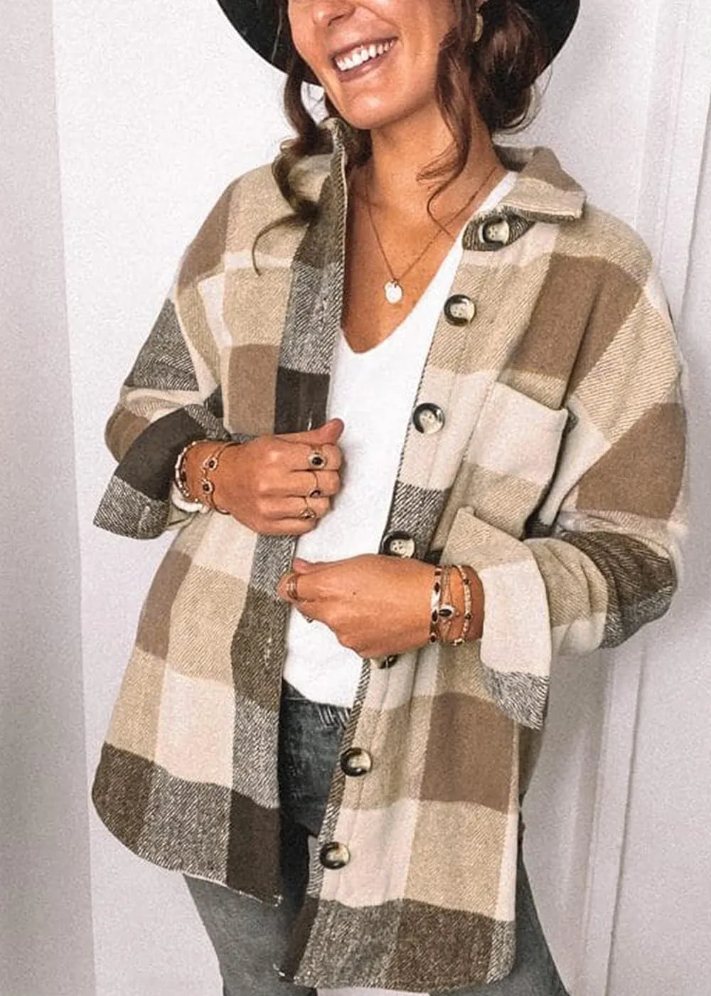Women's 2023 Fall Clothes Plaid Shacket Jacket Long Sleeve Button Down Flannel Shirts Fashion Blouse