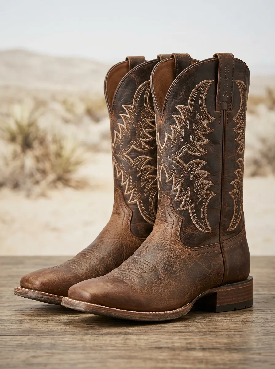 Rodeo-Inspired Embroidered Distressed Leather-Look Statement Men's Western Cowboy Boots